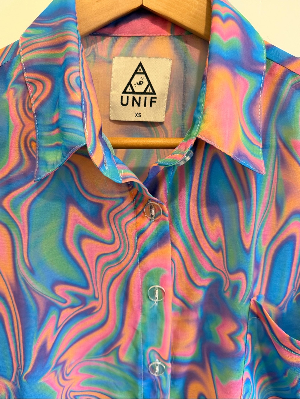 UNIF Melt Button Up Shirt Psychedelic Marble Sheer Swirl Print Size XS GUC - Picture 3 of 9